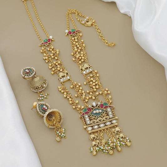 Grand Gold-Plated Elephant & Meenakari Jhumki Long Necklace Set
