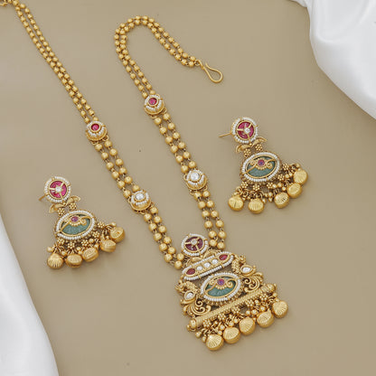 Grand Gold-Plated Meenakari & Jhumki Long Necklace Set