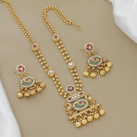 Grand Gold-Plated Meenakari & Jhumki Long Necklace Set