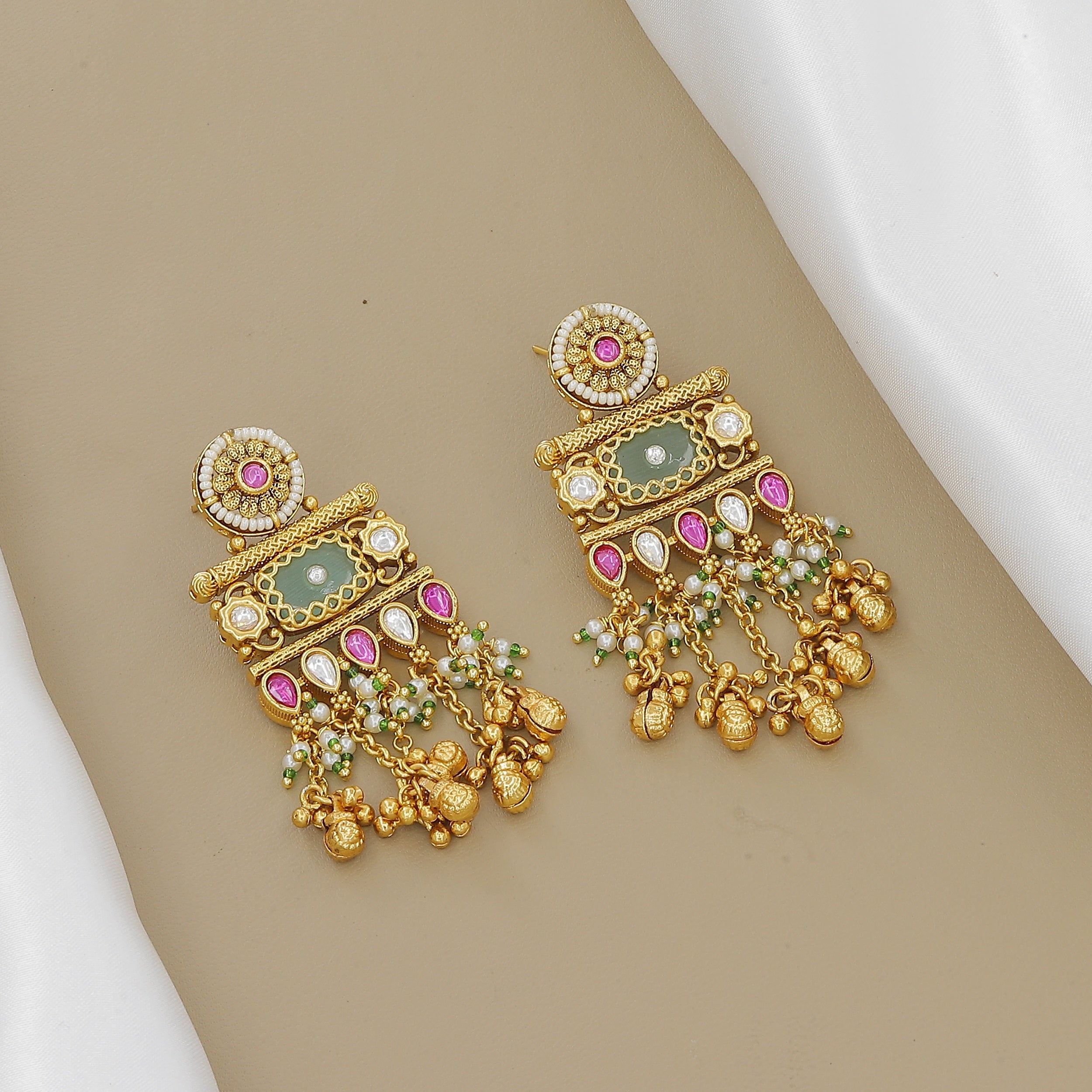 Grand Gold-Plated Meenakari & Jhumki Necklace Set with Stone Drops