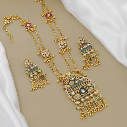 Ethnic Gold-Plated Peacock & Jhumki Necklace Set with Meenakari Work