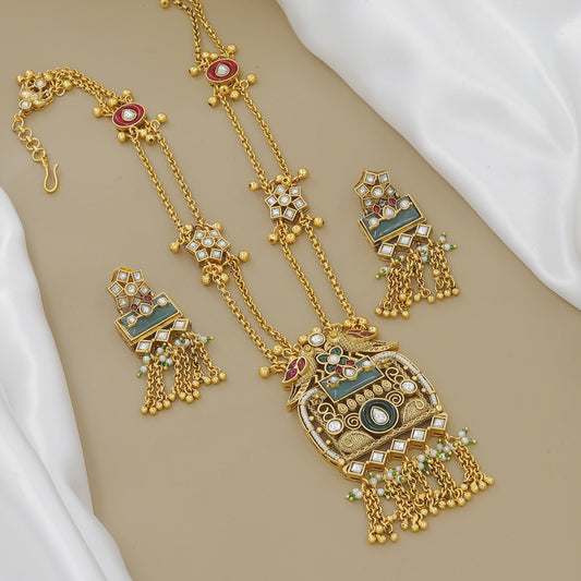 Ethnic Gold-Plated Peacock & Jhumki Necklace Set with Meenakari Work