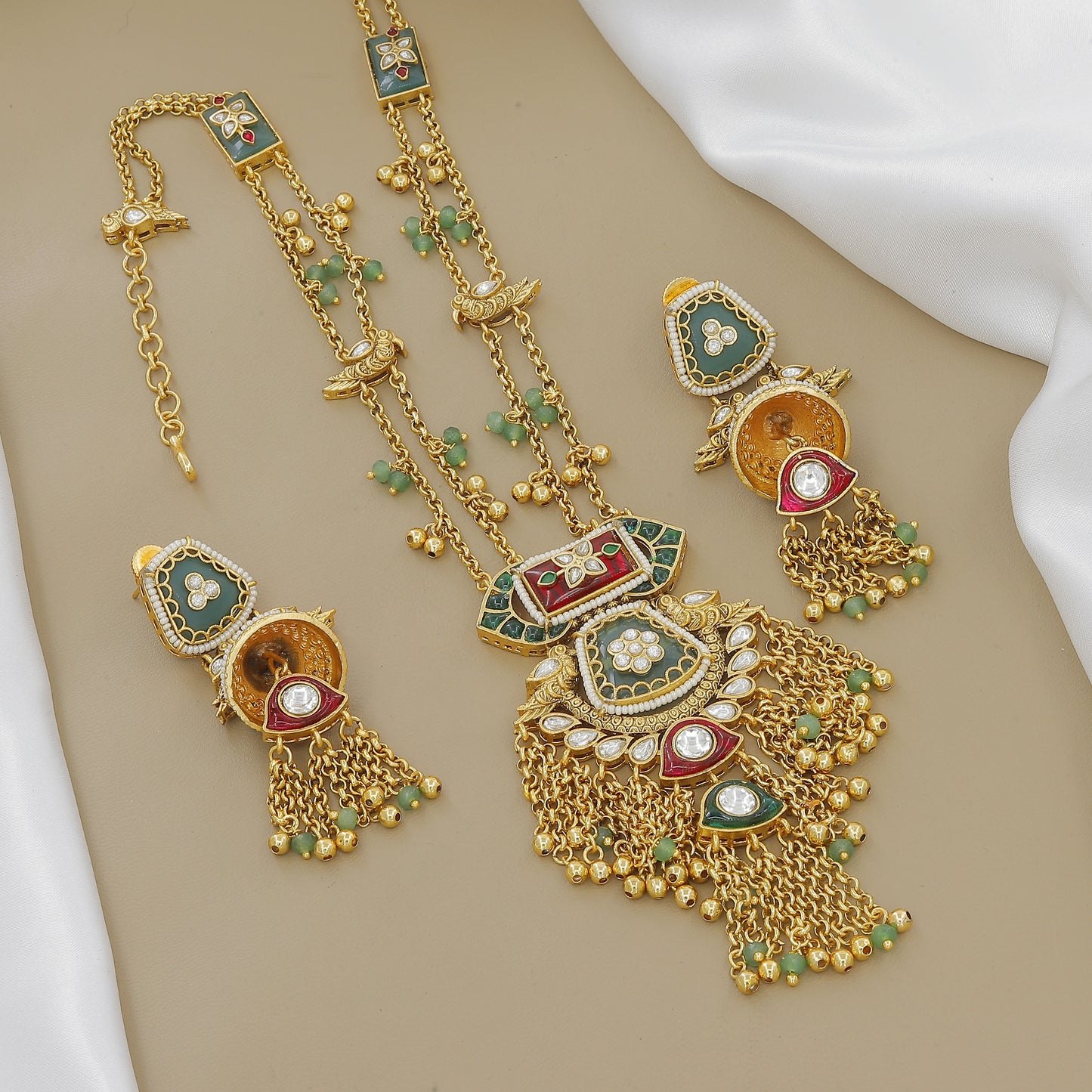 Grand Gold-Plated Meenakari & Jhumki Necklace Set with Stone Drops