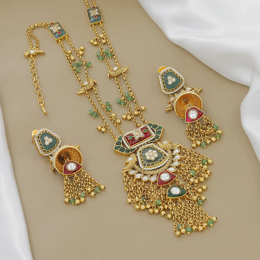 Grand Gold-Plated Meenakari & Jhumki Necklace Set with Stone Drops