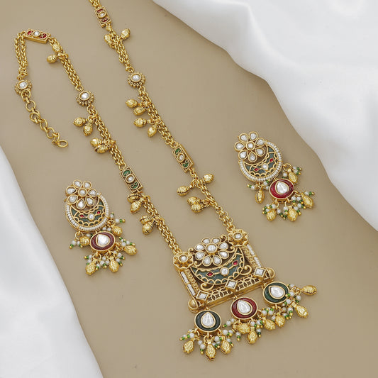 Ethnic Gold-Plated Meenakari & Pearl Jhumki Necklace Set