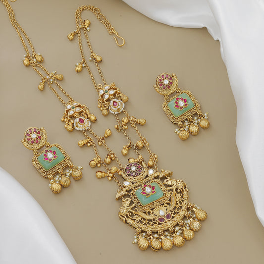 Grand Gold-Plated Peacock & Lotus Necklace Set with Jhumki Earrings