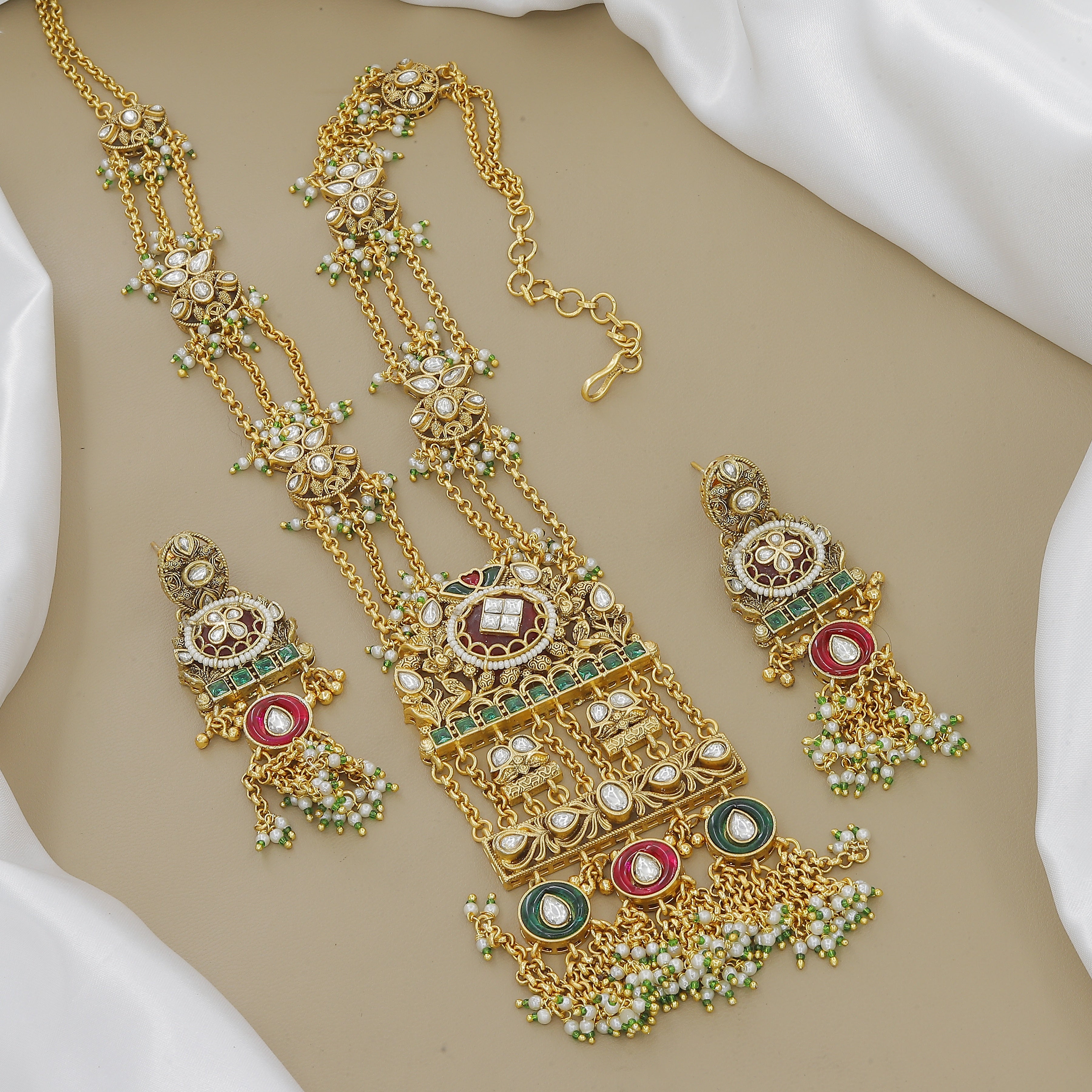 Grand Gold-Plated Meenakari & Pearl Jhumki Necklace Set