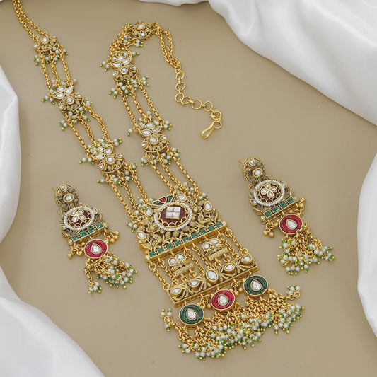 Grand Gold-Plated Meenakari & Pearl Jhumki Necklace Set