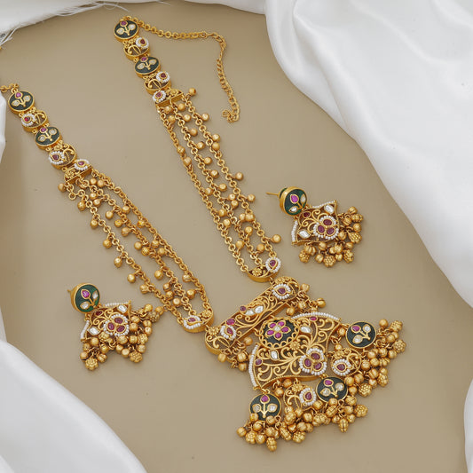 Vintage Gold-Plated Meenakari & Jhumki Necklace Set