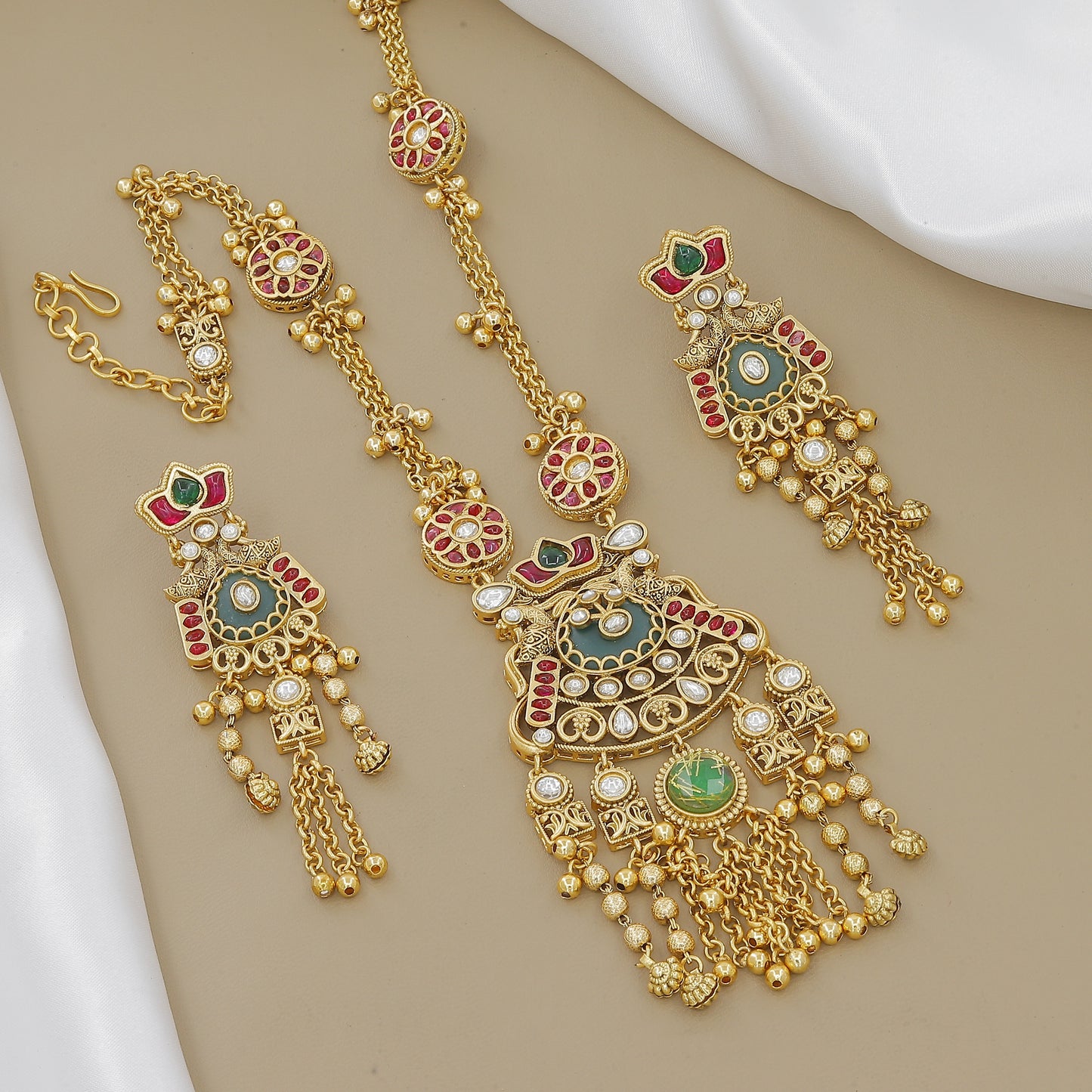 Regal Gold-Plated Meenakari & Polki Jhumki Necklace Set