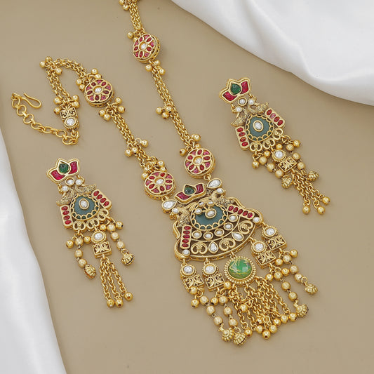 Regal Gold-Plated Meenakari & Polki Jhumki Necklace Set