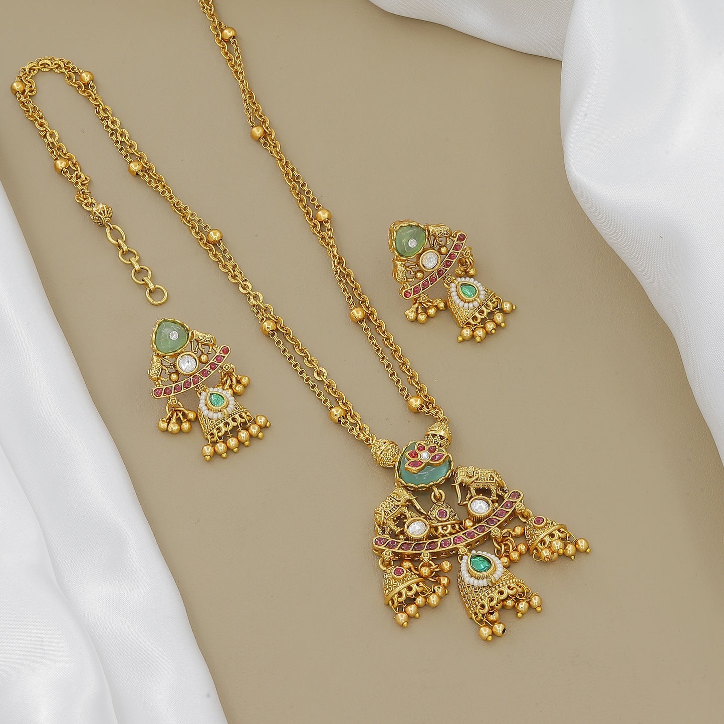 Gold-Plated Peacock & Jhumki Necklace Set with Earrings