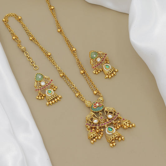 Gold-Plated Peacock & Jhumki Necklace Set with Earrings