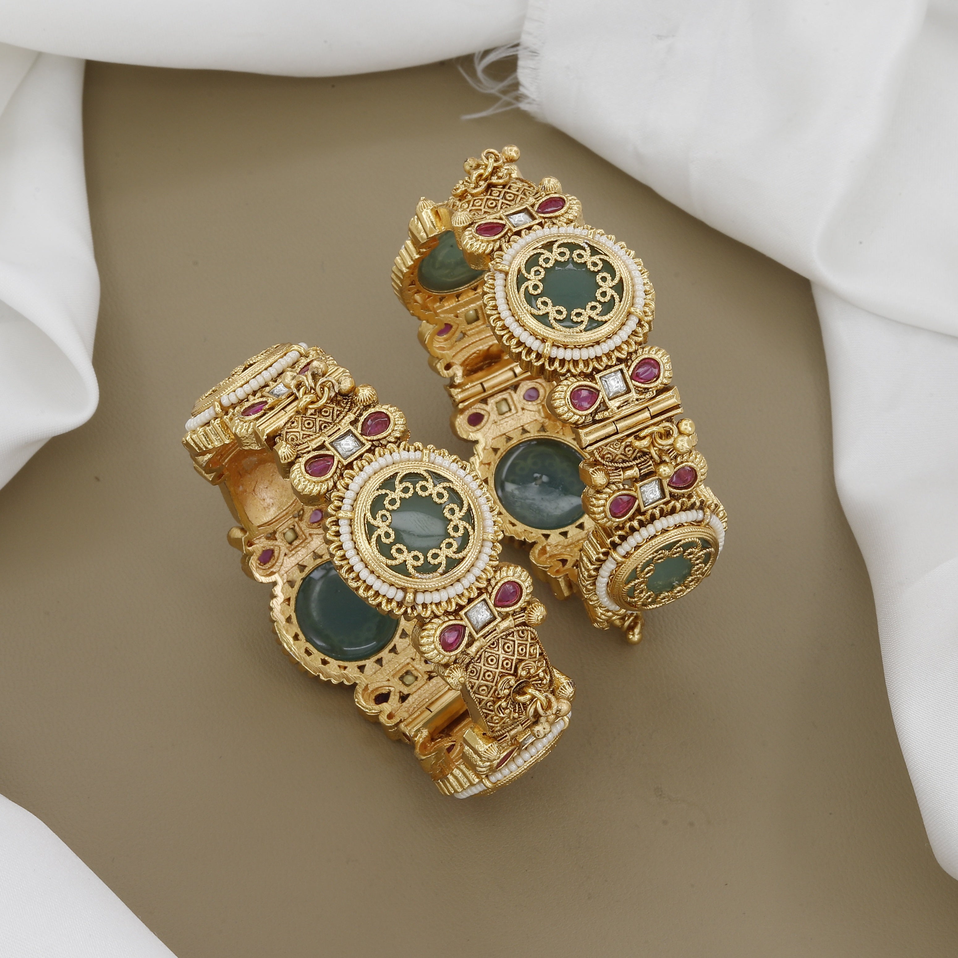 Heavy Gold Tone Patla Set with Large Green & Pearl Centerpieces
