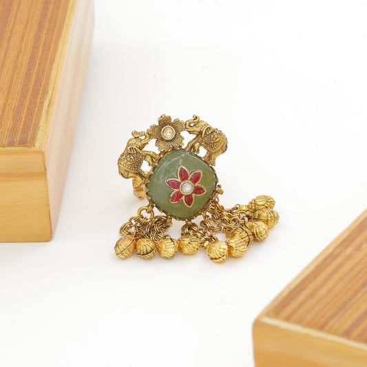 Antique Gold-Plated Elephant & Flower Moti Jhumki Finger Ring
