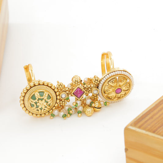 Ethnic Gold-Plated Full Finger Ring with Pearl & Stone