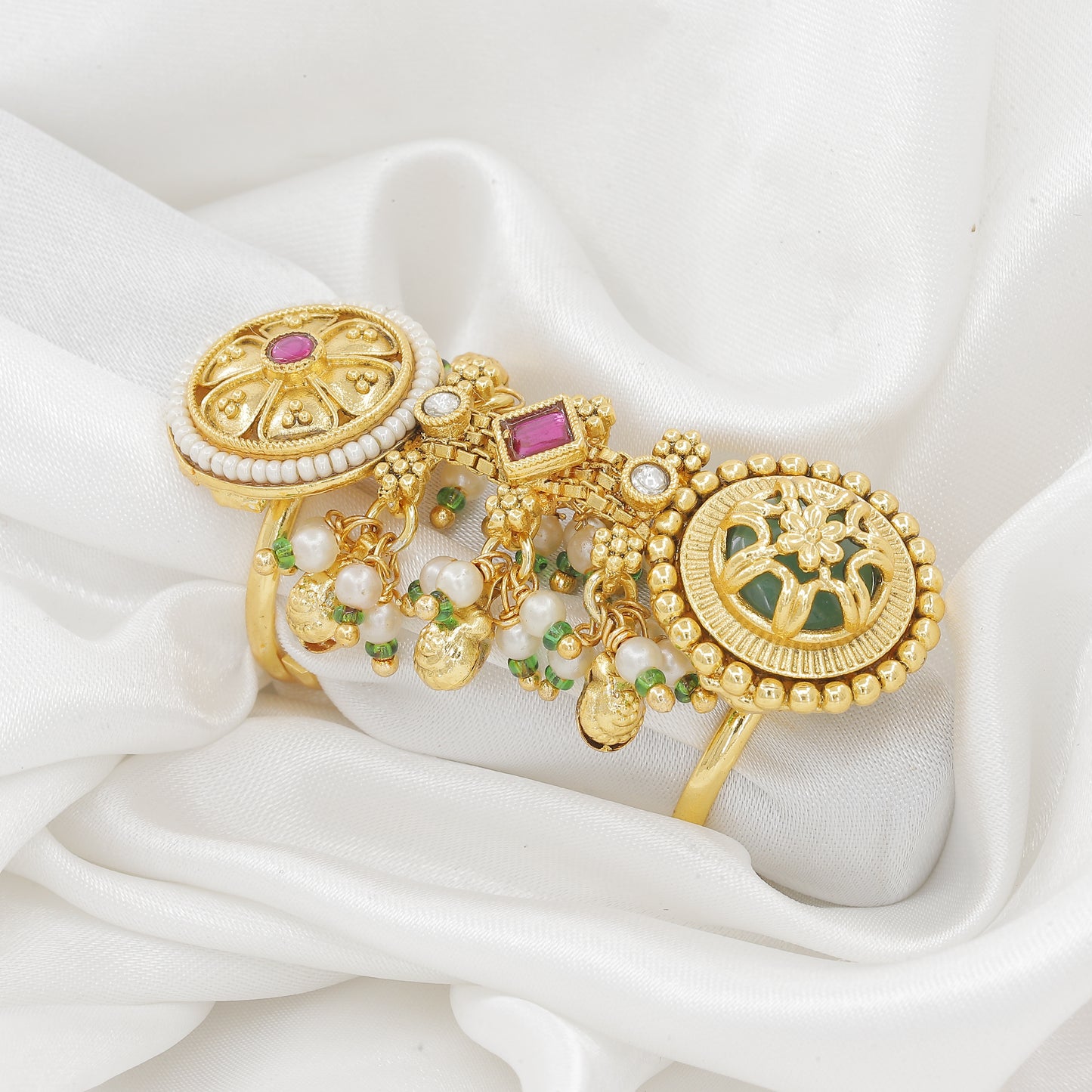Ethnic Gold-Plated Full Finger Ring with Pearl & Stone