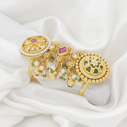Ethnic Gold-Plated Full Finger Ring with Pearl & Stone