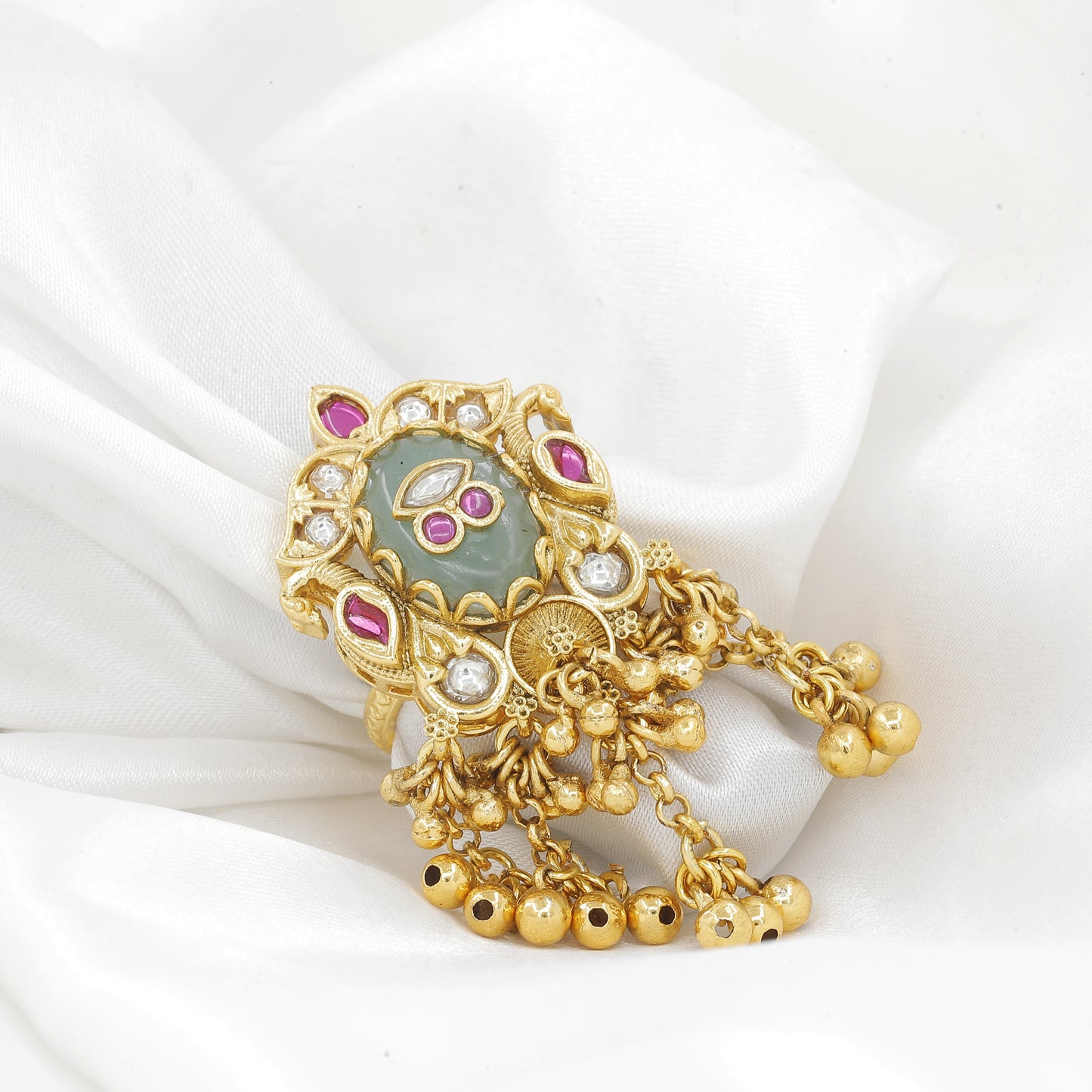 Traditional Gold-Plated Peacock Jhumki Ring with Polki and Ruby Stones