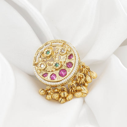 Vintage Gold-Plated Round Jhumki Ring with Pearl and Stone Embellishments