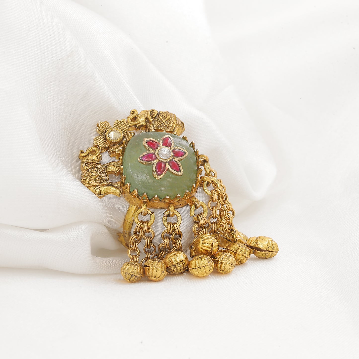 Antique Gold-Plated Elephant & Flower Moti Jhumki Finger Ring
