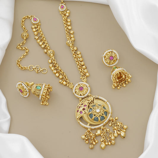 Grand Gold-Plated Jhumki Necklace Set with Elephant & Floral Motifs