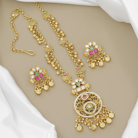 Vintage Gold-Plated Moti & Jhumki Necklace Set with Earrings