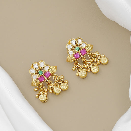 Vintage Gold-Plated Moti & Jhumki Necklace Set with Earrings
