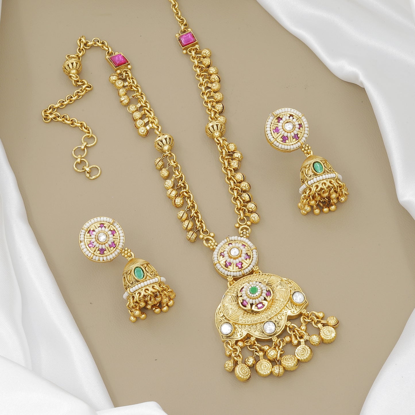Vintage Gold-Plated Moti & Jhumki Necklace Set with Earrings