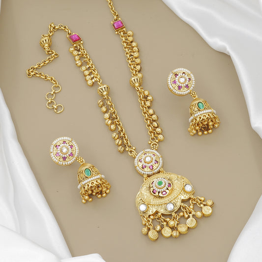 Vintage Gold-Plated Moti & Jhumki Necklace Set with Earrings