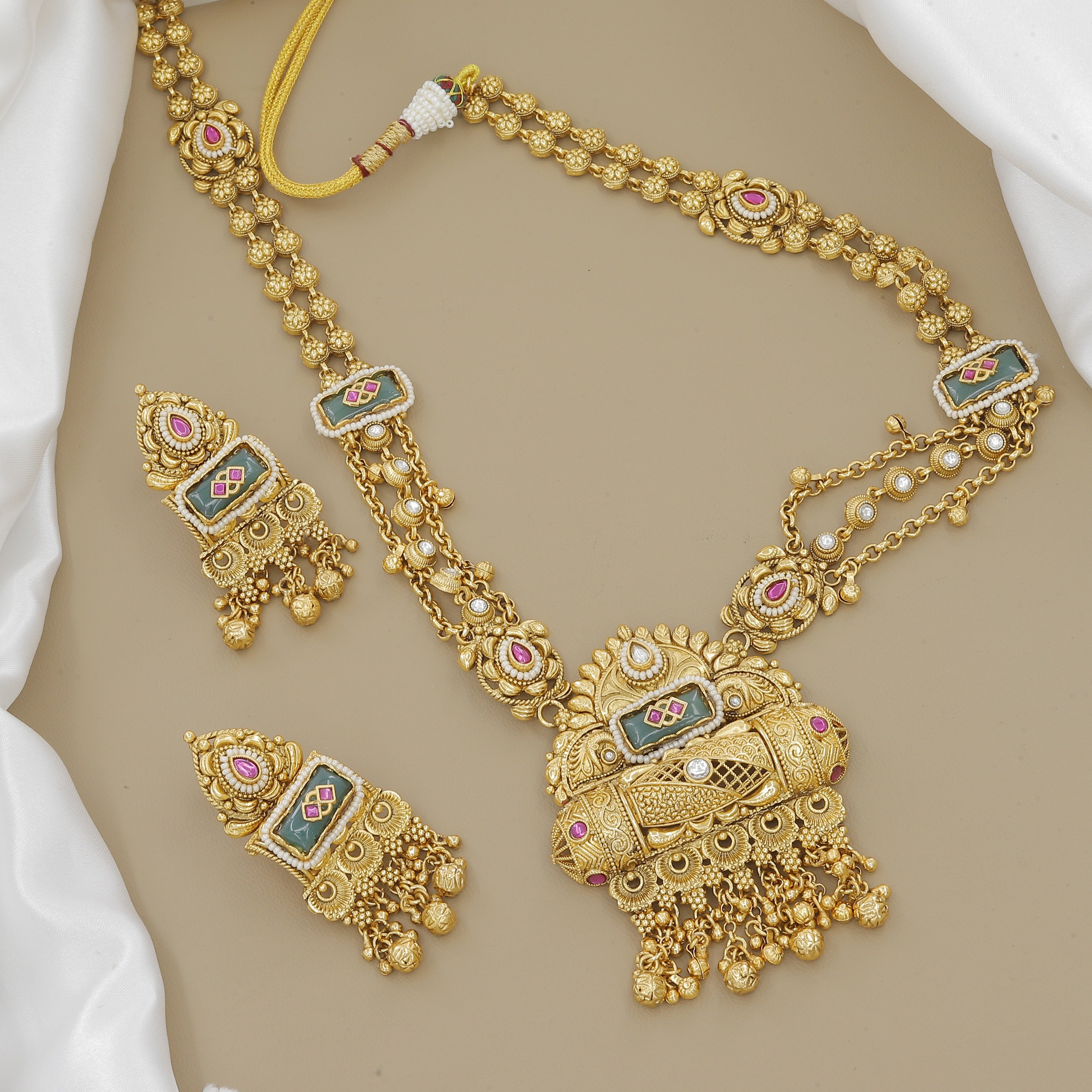 Grand Gold-Plated Peacock & Jhumki Long Necklace Set