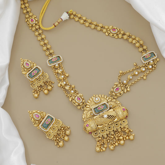 Grand Gold-Plated Peacock & Jhumki Long Necklace Set