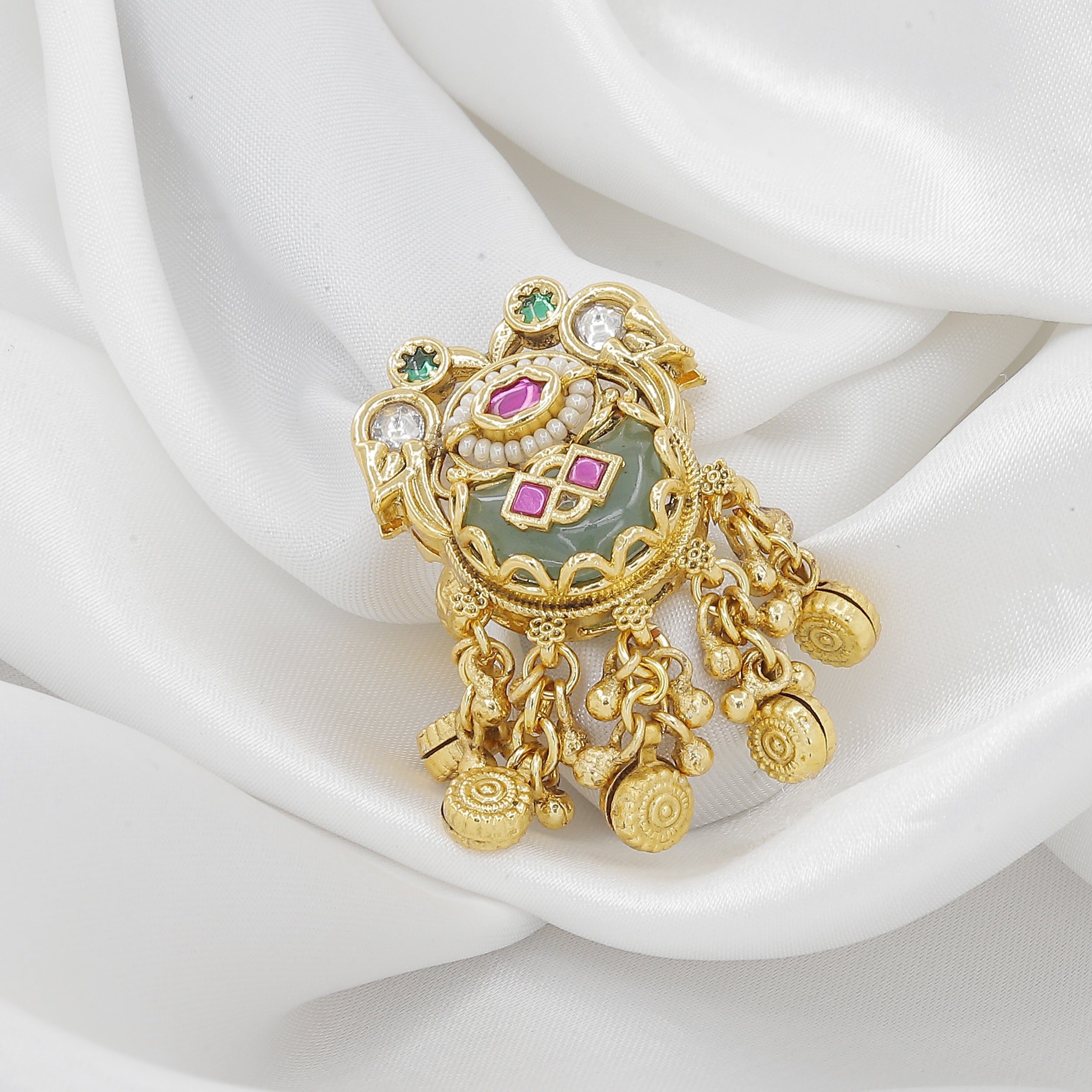 Vintage Gold-Plated Moti Finger Ring with Stone and Jhumki Drops