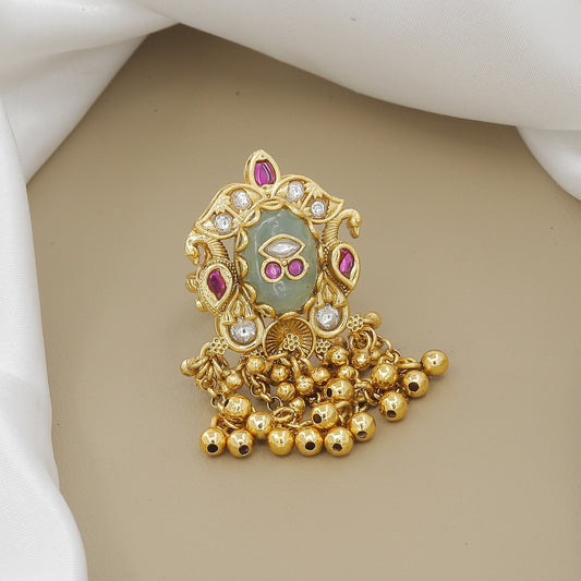 Traditional Gold-Plated Peacock Jhumki Ring with Polki and Ruby Stones
