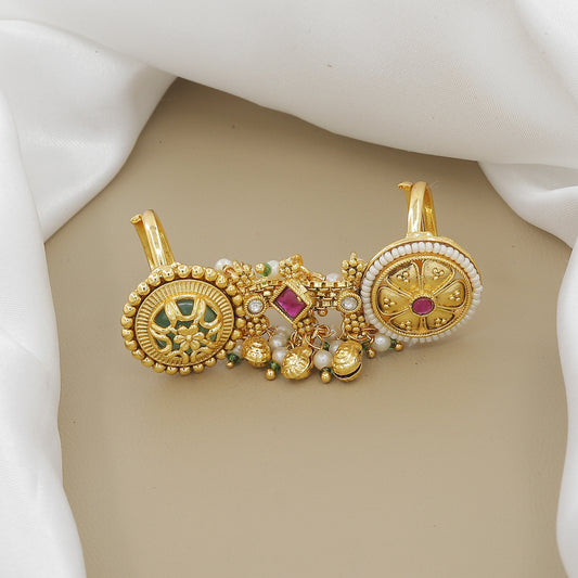 Ethnic Gold-Plated Full Finger Ring with Pearl & Stone