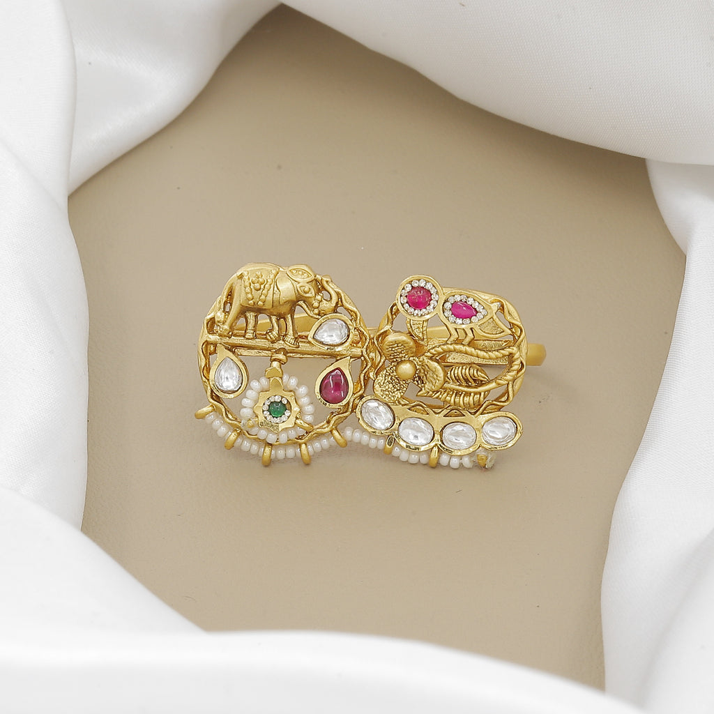 Antique Elephant Double Finger Ring with Polki & Gemstones