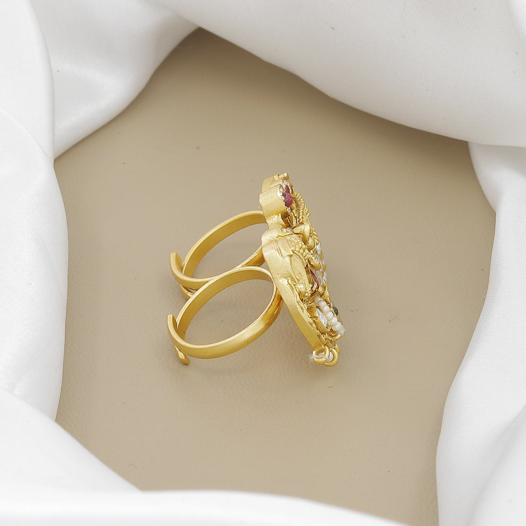 Antique Elephant Double Finger Ring with Polki & Gemstones