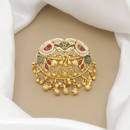 Antique Ruby & Emerald Ring with Intricate Bell Drops