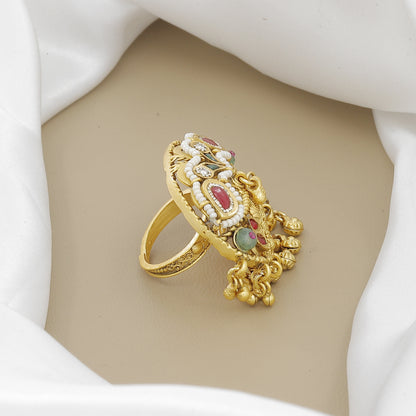 Antique Ruby & Emerald Ring with Intricate Bell Drops