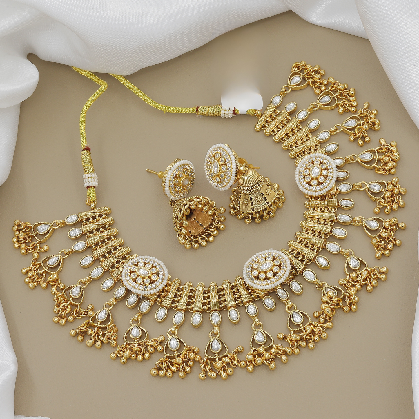 Grand Gold-Plated Choker Necklace Set with Jhumki & Stone Drops