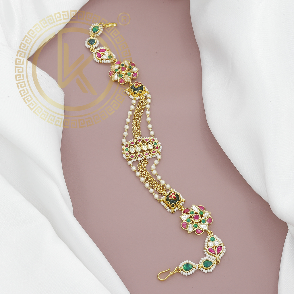 Elegant Multicolor Kundan Matha Patti with Pearl Chains