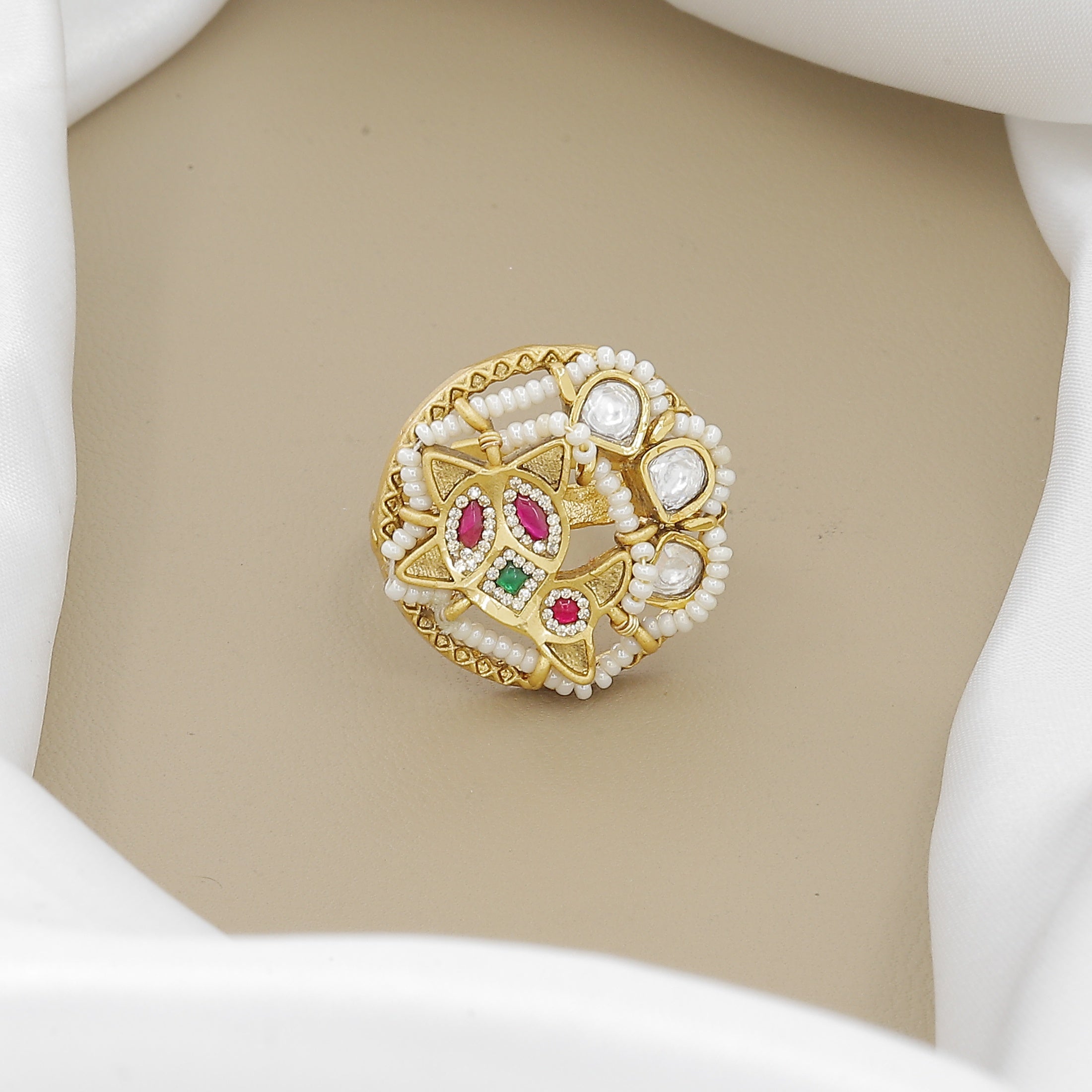 Antique Swarovski Diamond & Pearl Ring with Ruby and Emerald