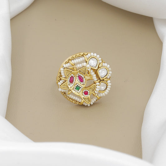 Antique Swarovski Diamond & Pearl Ring with Ruby and Emerald