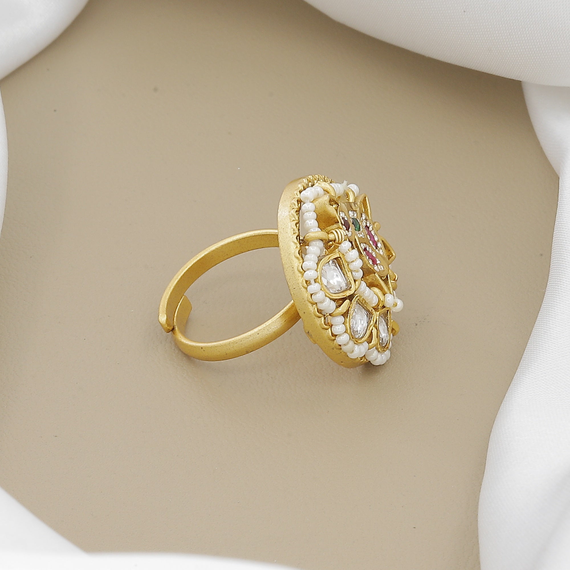 Antique Swarovski Diamond & Pearl Ring with Ruby and Emerald