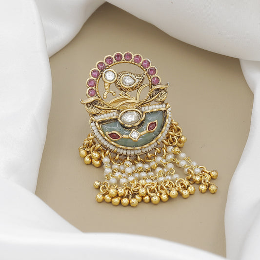 Exquisite Peacock Motif Ring with Polki & Gemstone Drops