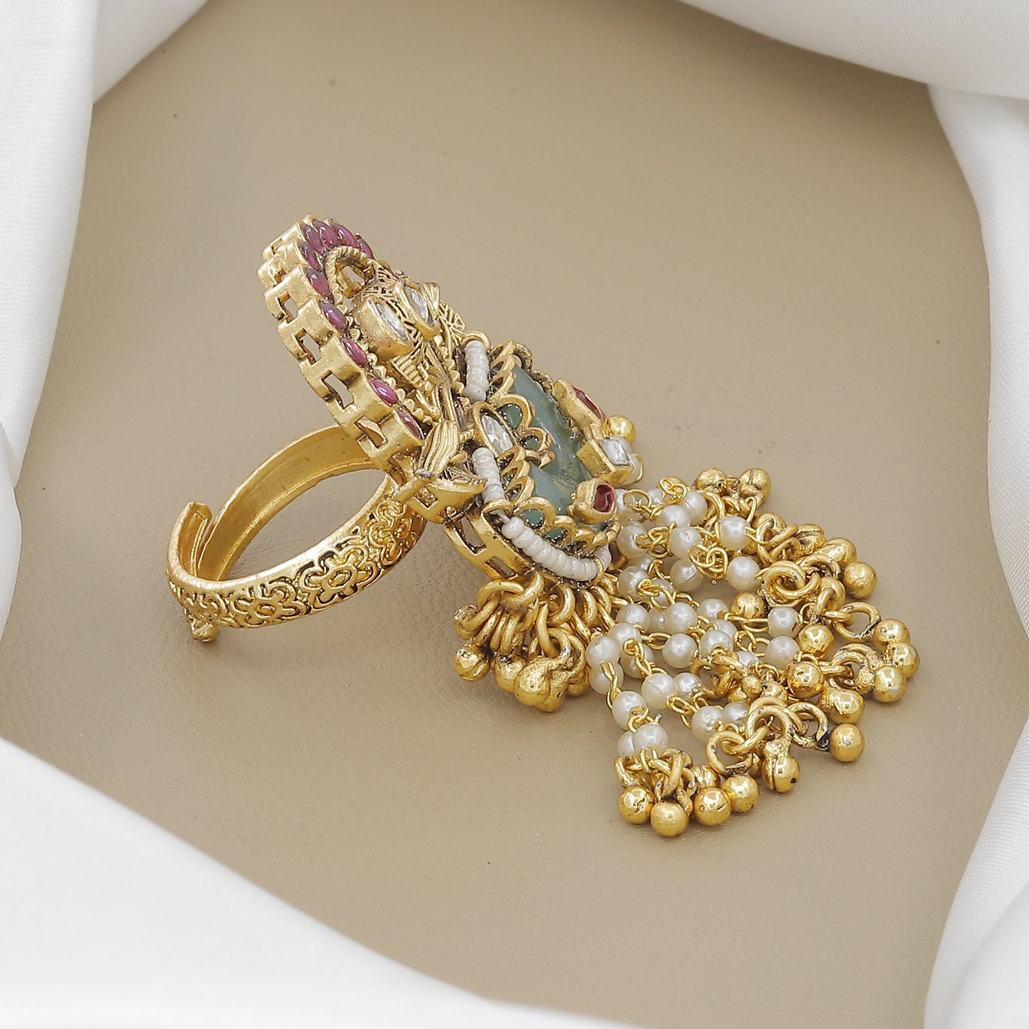 Exquisite Peacock Motif Ring with Polki & Gemstone Drops