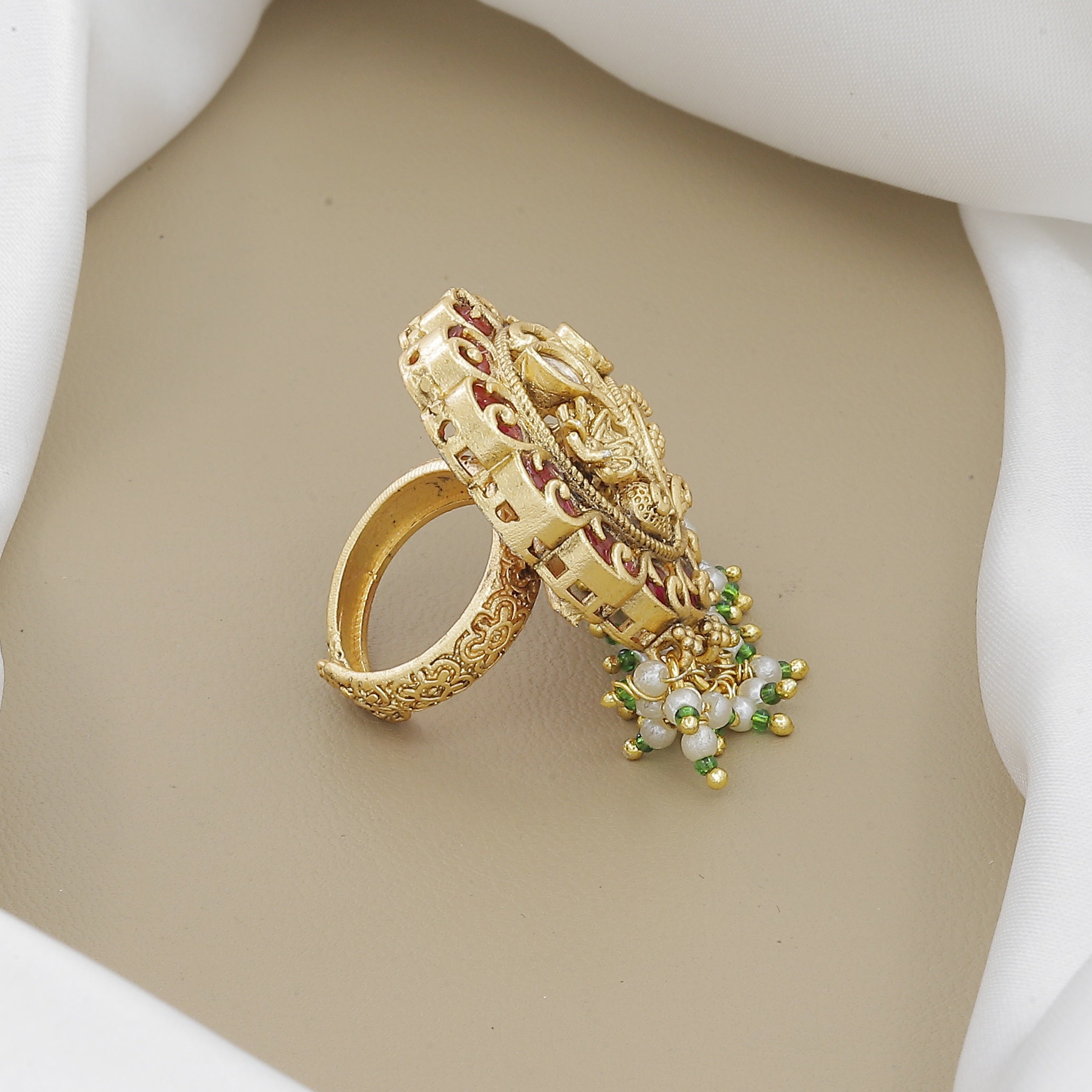 Antique Gold-Plated Floral Ring with Ruby & Polki Stones