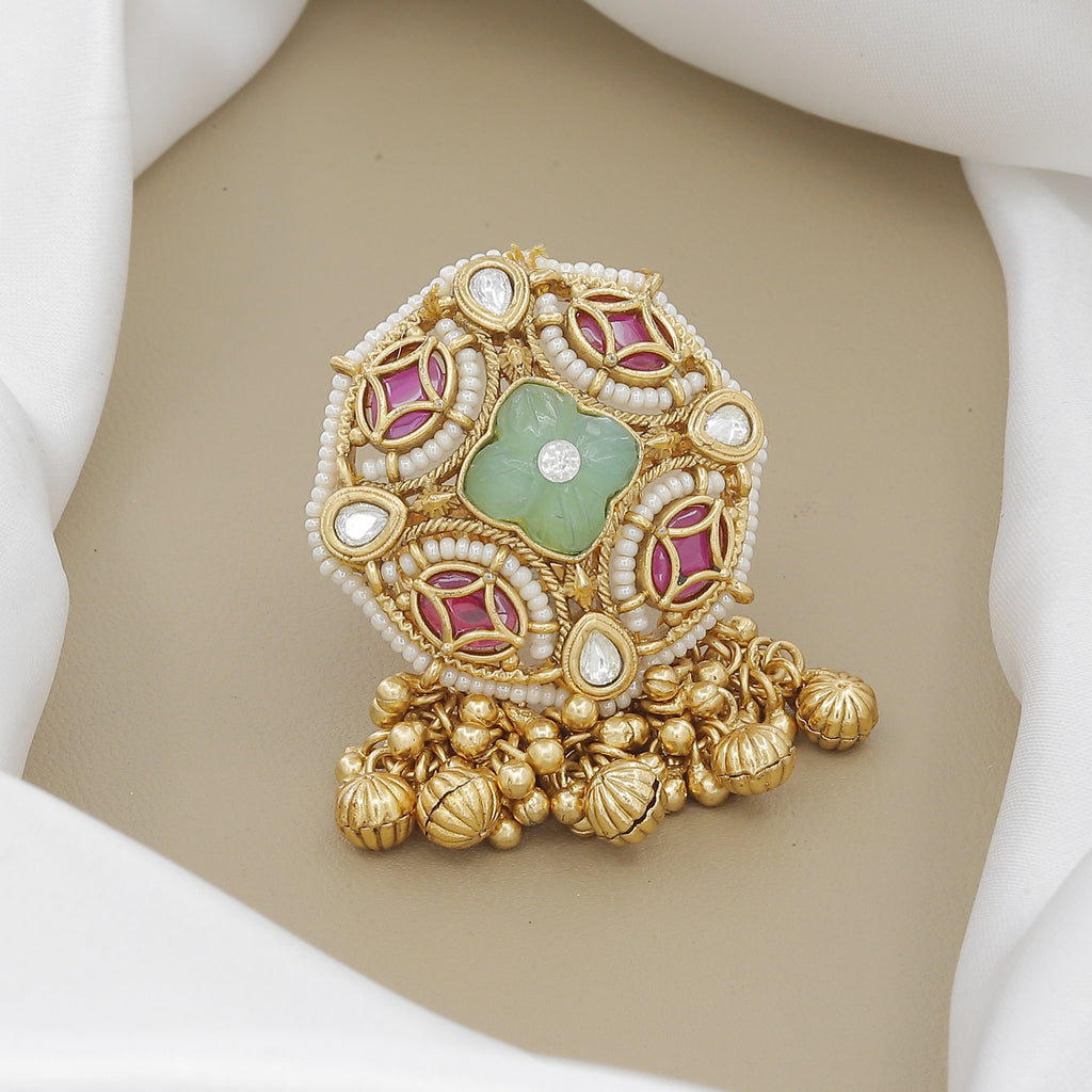 Antique Ruby & Polki Ring with Carved Green Stone & Jhumkas