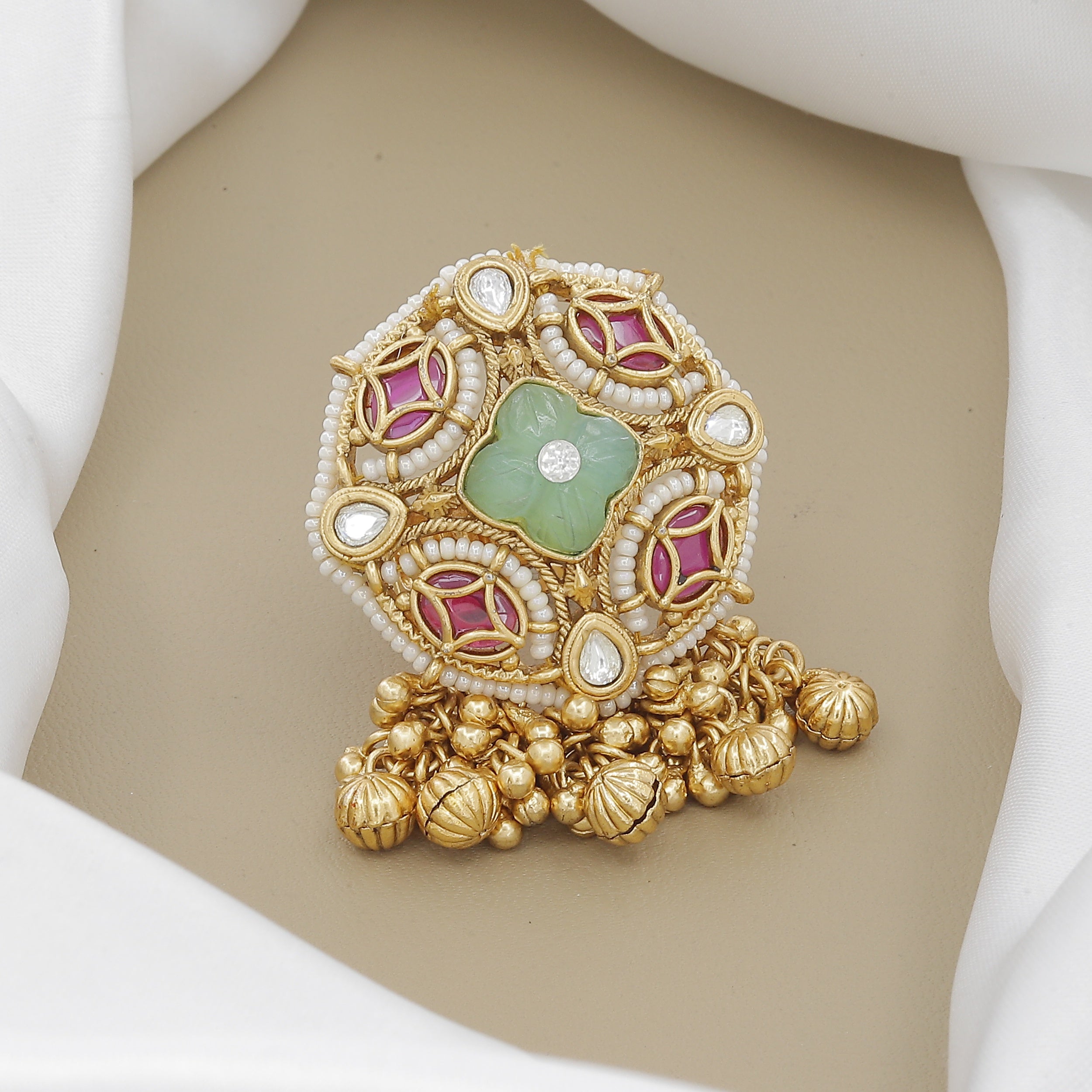 Antique Ruby & Polki Ring with Carved Green Stone & Jhumkas