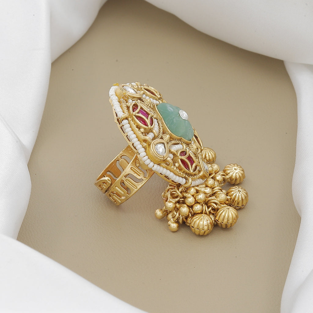 Antique Ruby & Polki Ring with Carved Green Stone & Jhumkas